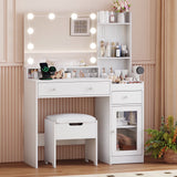 39.8" White Vanity Desk with Mirror and Lights, Modern Makeup Table with Charging Station and Storage