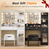 39.8" White Vanity Desk with Mirror and Lights, Modern Makeup Table with Charging Station and Storage