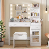 39.8" White Vanity Desk with Mirror and Lights, Modern Makeup Table with Charging Station and Storage
