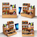 Bamboo Desk Organizer - Makeup & Pen Storage with Drawer & Pencil Holder for Office Organization