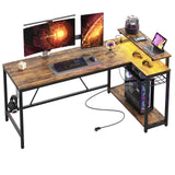 58" Computer Desk with LED Lights L Shaped Corner Desk with Power Outlet & Monitor Stand Home Office Desk, Rustic