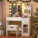 39.8" White Vanity Desk with Mirror and Lights, Modern Makeup Table with Charging Station and Storage