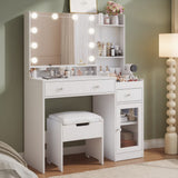 39.8" White Vanity Desk with Mirror and Lights, Modern Makeup Table with Charging Station and Storage