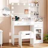 39.8" White Vanity Desk with Mirror and Lights, Modern Makeup Table with Charging Station and Storage