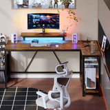 58" Computer Desk with LED Lights L Shaped Corner Desk with Power Outlet & Monitor Stand Home Office Desk, Rustic